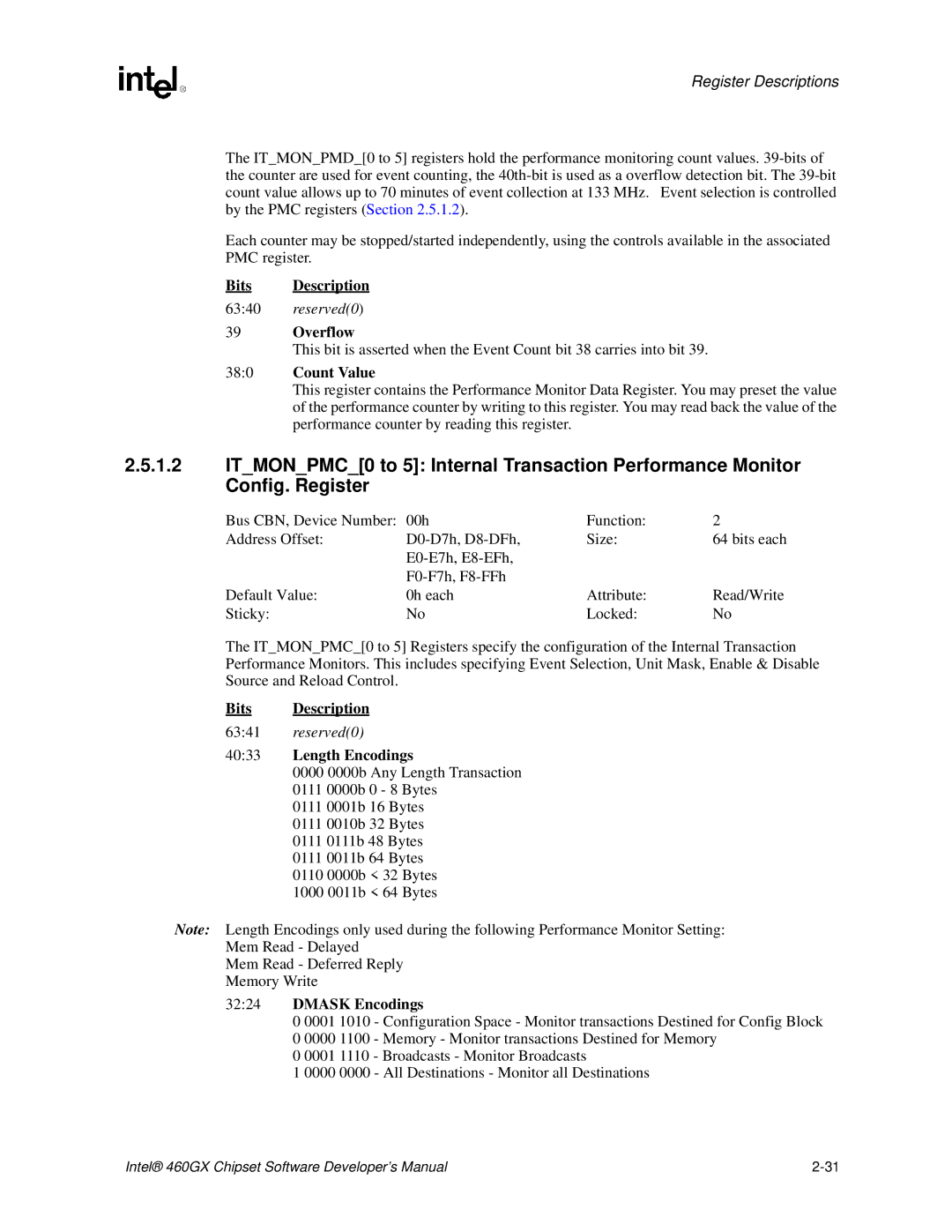 Intel 460GX manual Overflow, Count Value, Length Encodings, Dmask Encodings 