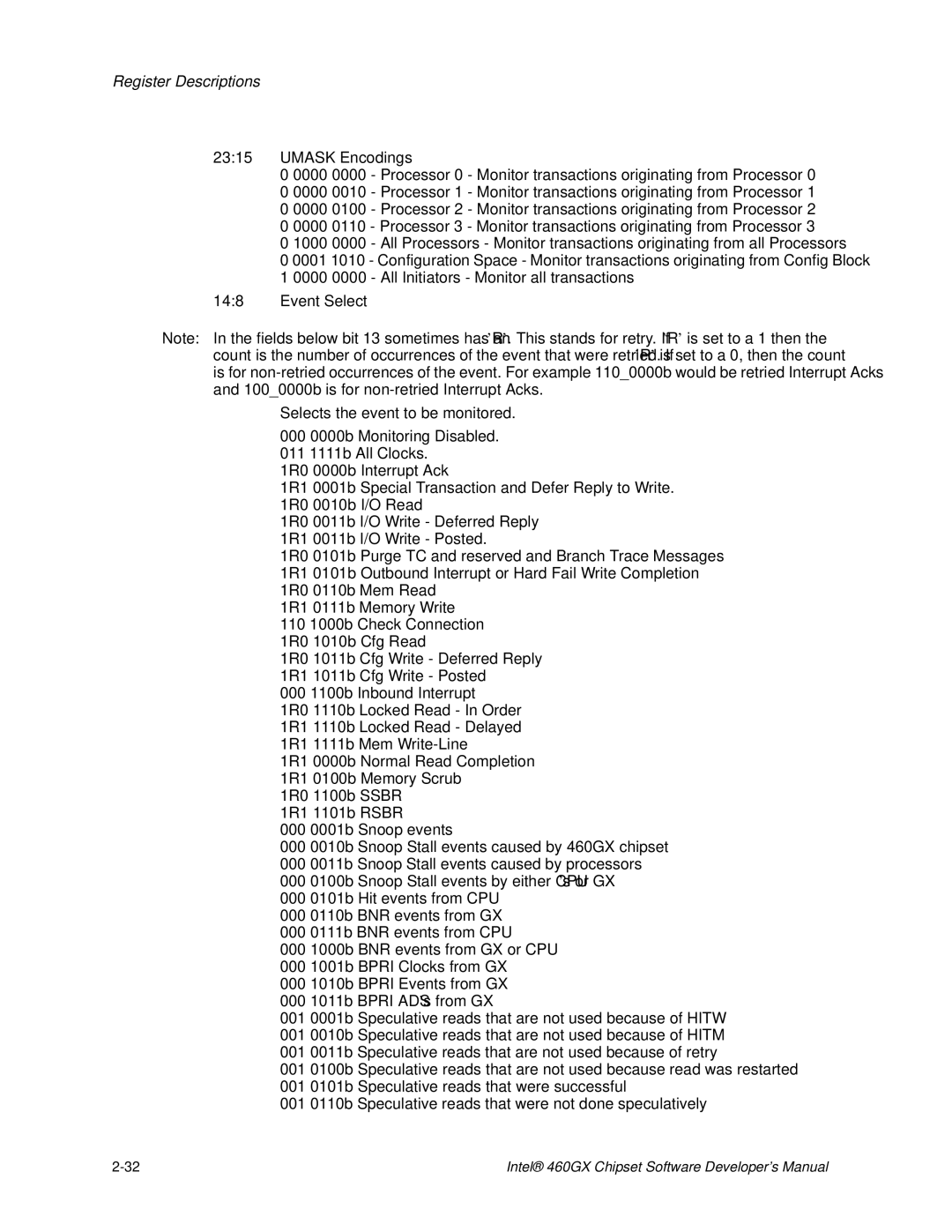 Intel 460GX manual Umask Encodings, Event Select 