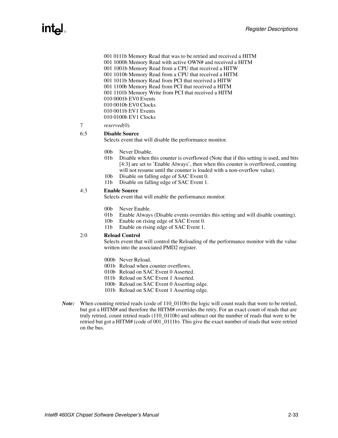 Intel 460GX manual Disable Source, Enable Source, Reload Control 