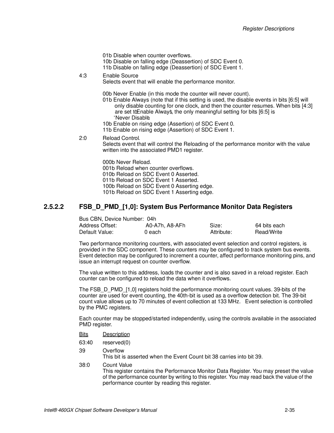 Intel 460GX manual FSBDPMD1,0 System Bus Performance Monitor Data Registers, Overflow 