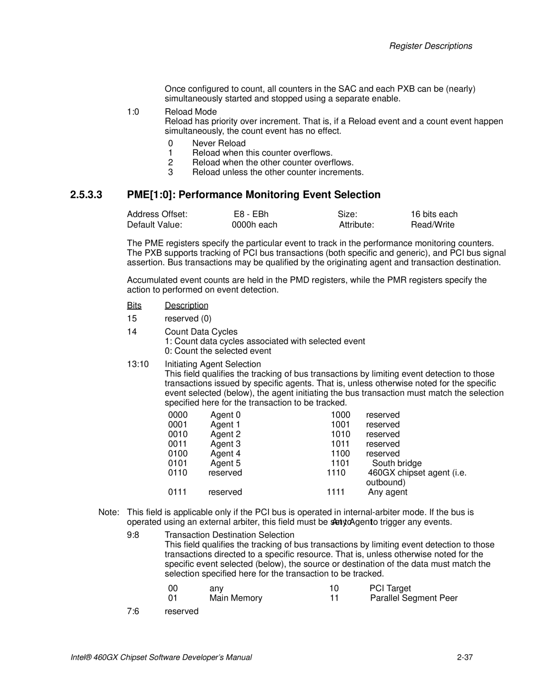 Intel 460GX 3.3 PME10 Performance Monitoring Event Selection, Reload Mode, Count Data Cycles, Initiating Agent Selection 