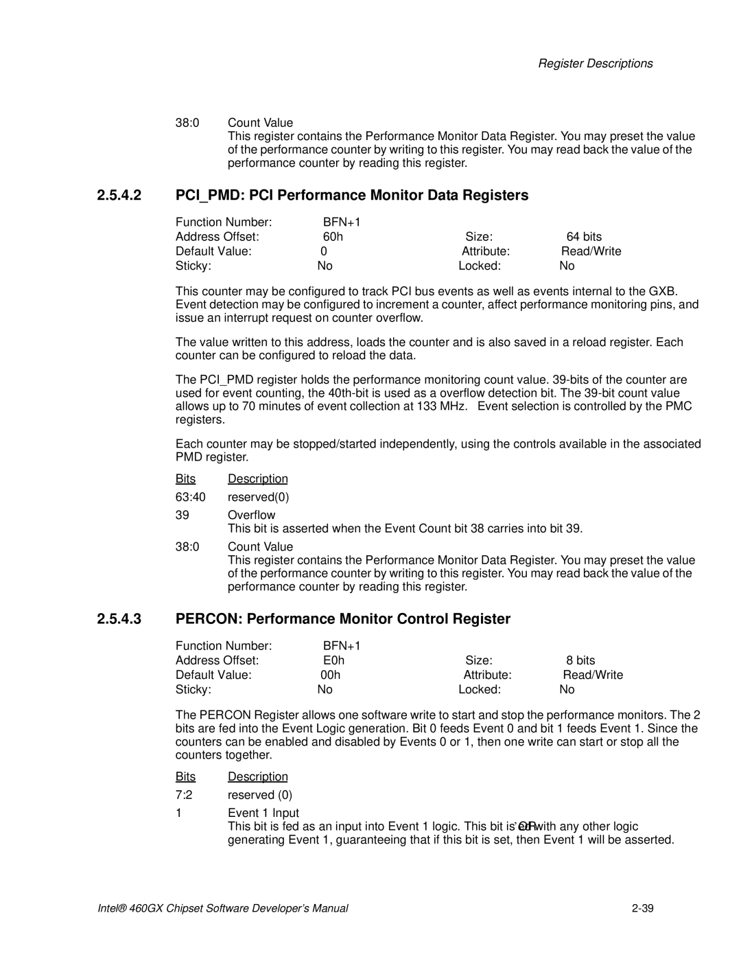 Intel 460GX Pcipmd PCI Performance Monitor Data Registers, Percon Performance Monitor Control Register, Event 1 Input 