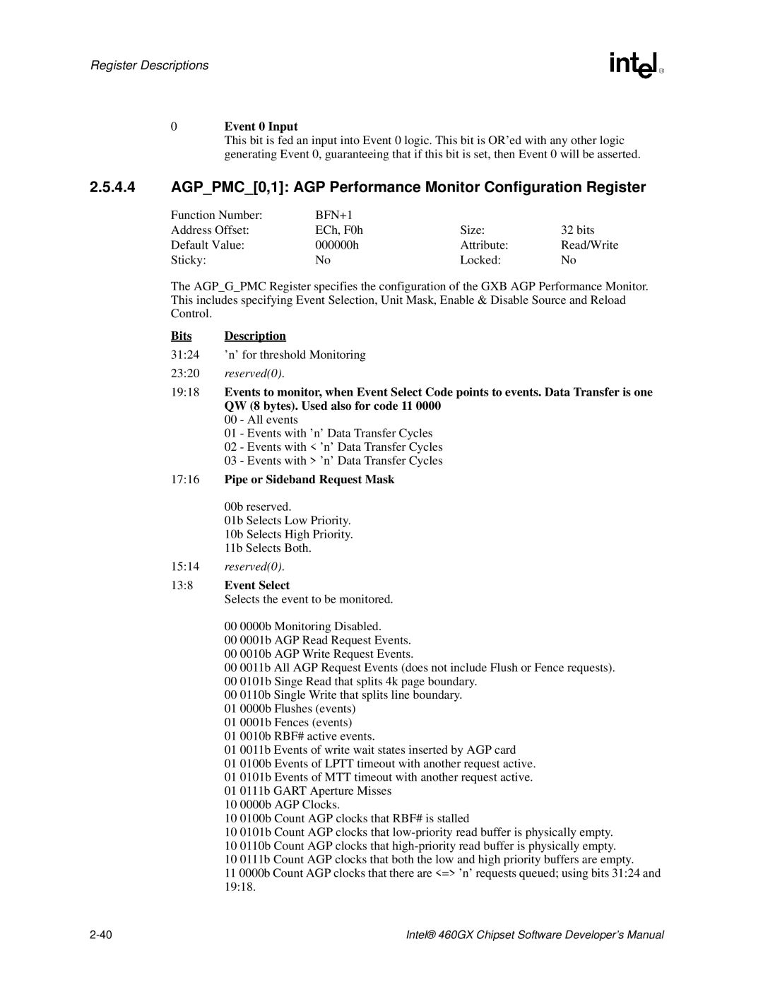 Intel 460GX manual AGPPMC0,1 AGP Performance Monitor Configuration Register, Event 0 Input, Pipe or Sideband Request Mask 