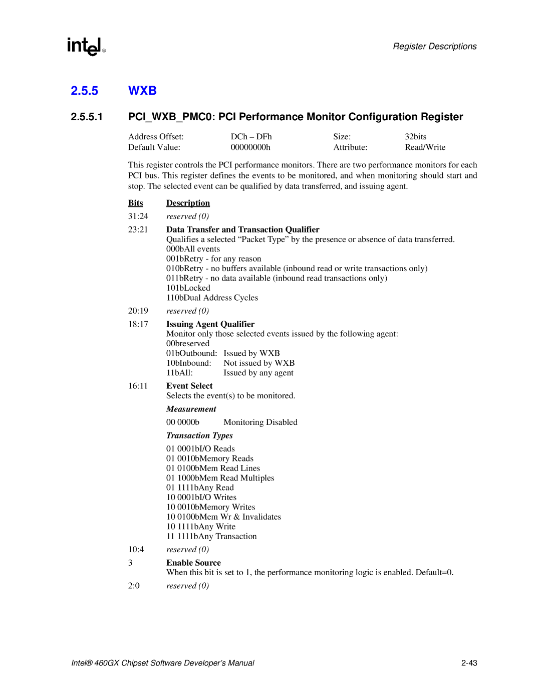 Intel 460GX 5 WXB, PCIWXBPMC0 PCI Performance Monitor Configuration Register, Data Transfer and Transaction Qualifier 