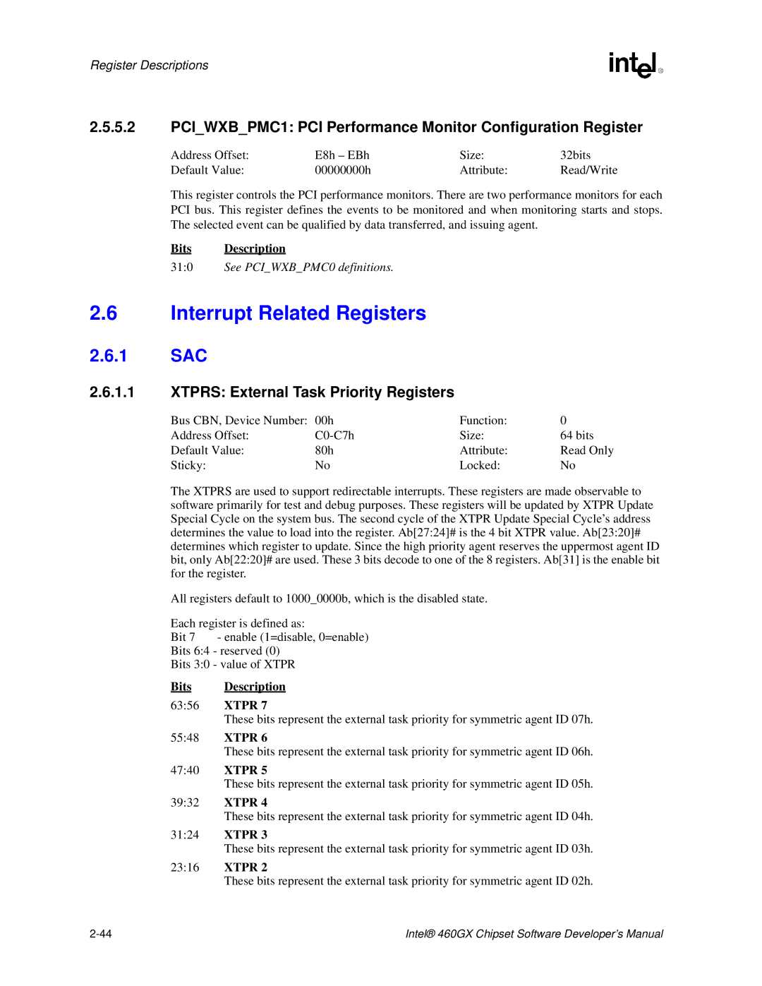 Intel 460GX manual Interrupt Related Registers, PCIWXBPMC1 PCI Performance Monitor Configuration Register 