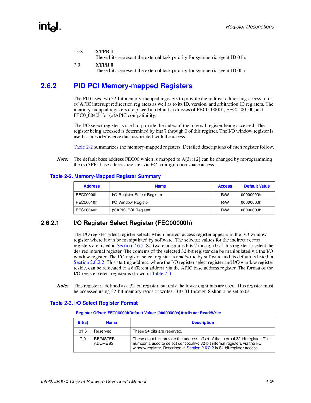 Intel 460GX PID PCI Memory-mapped Registers, 2.1 I/O Register Select Register FEC00000h, Memory-Mapped Register Summary 