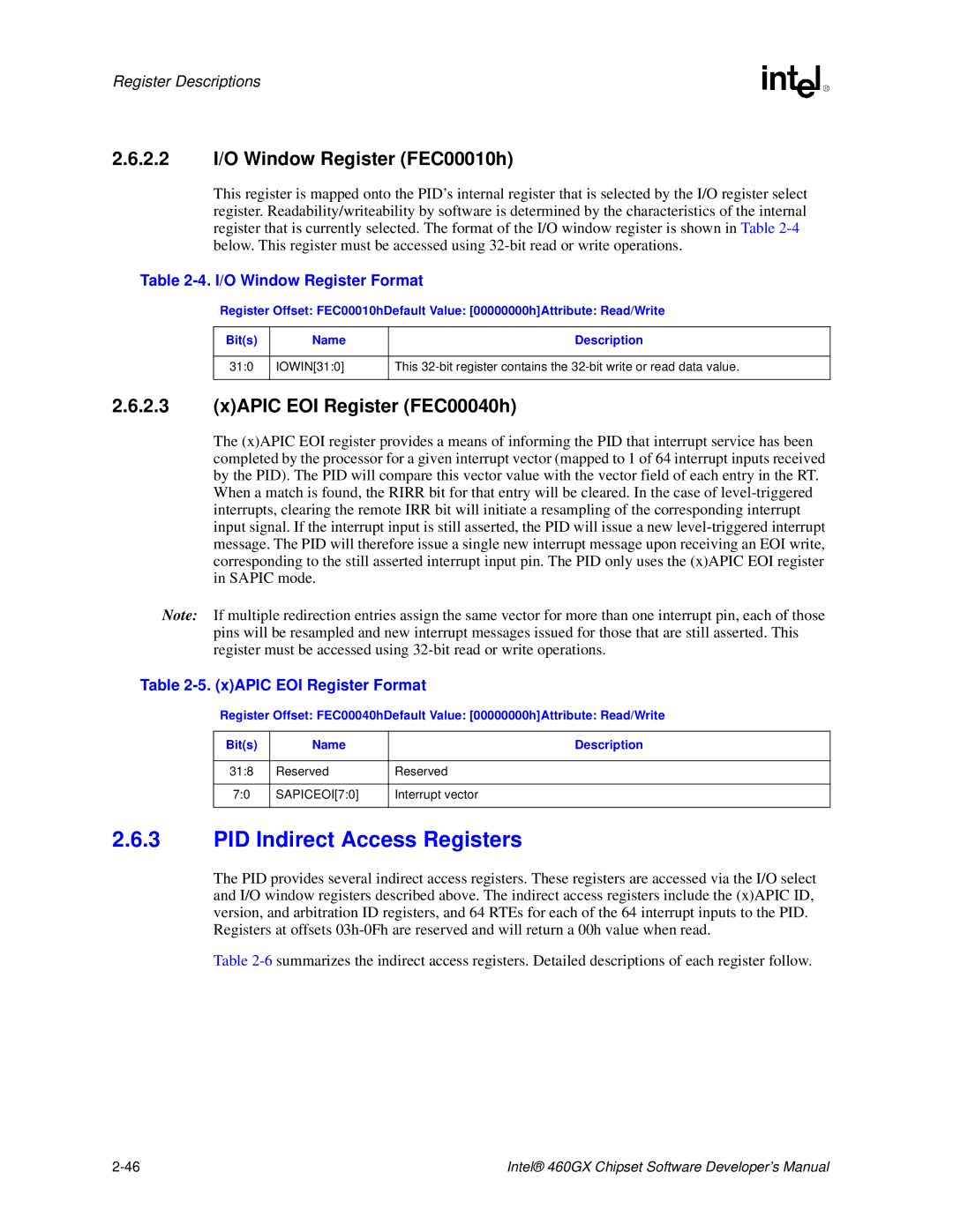 Intel 460GX manual PID Indirect Access Registers, 2.2 I/O Window Register FEC00010h, XAPIC EOI Register FEC00040h 