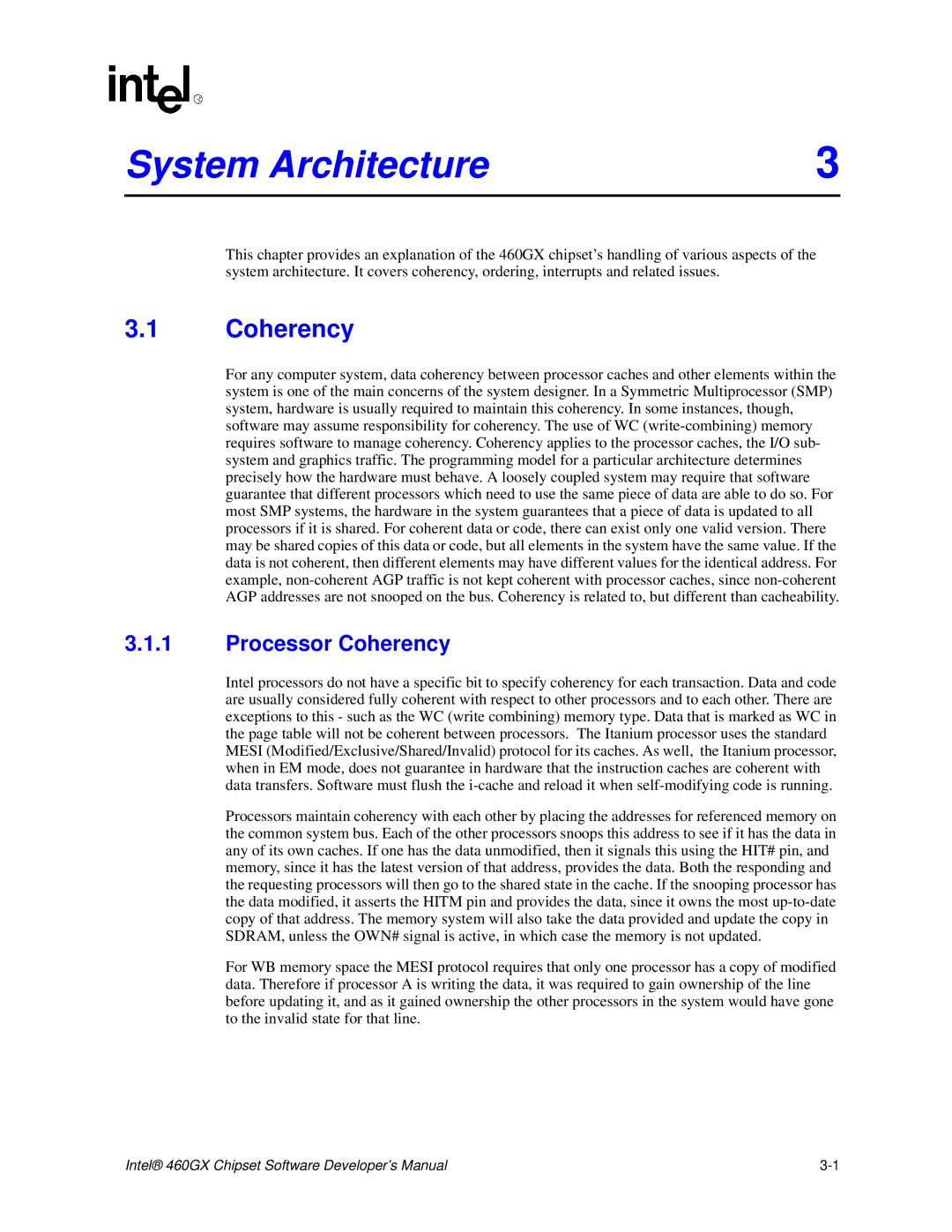 Intel 460GX manual System Architecture, Processor Coherency 