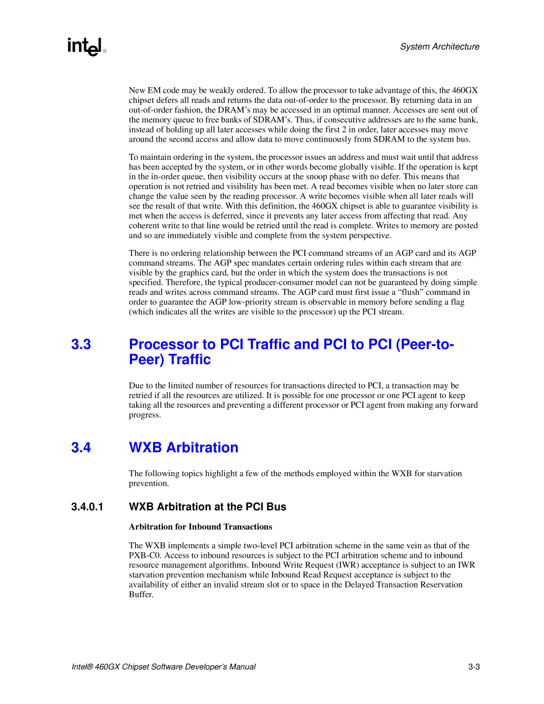 Intel 460GX manual WXB Arbitration at the PCI Bus, Arbitration for Inbound Transactions 