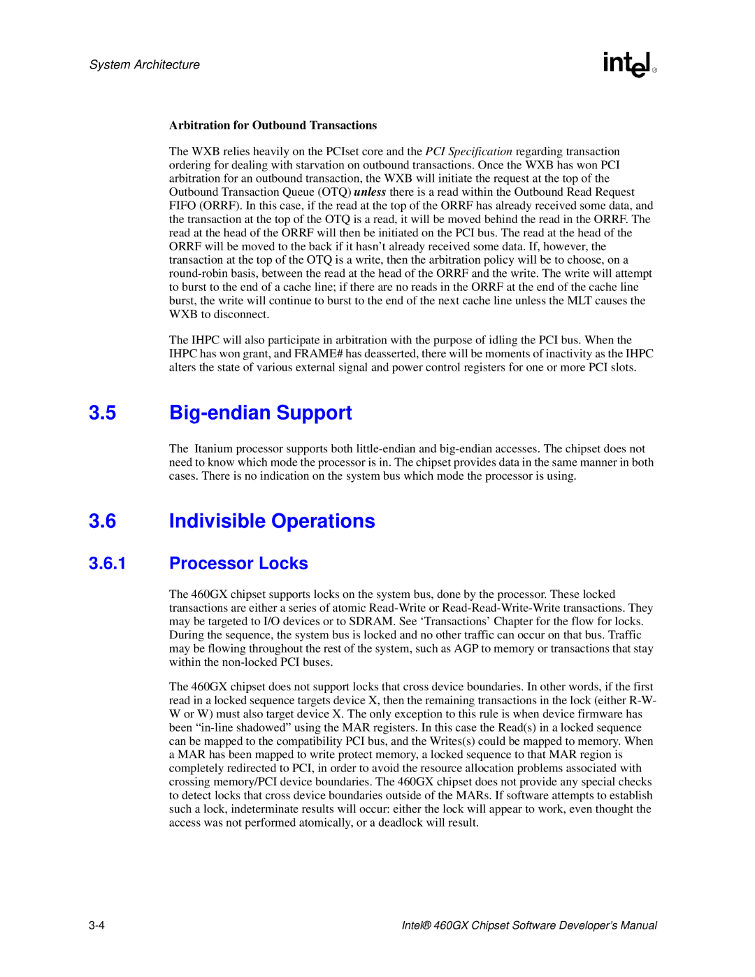 Intel 460GX manual Big-endian Support, Indivisible Operations, Processor Locks, Arbitration for Outbound Transactions 