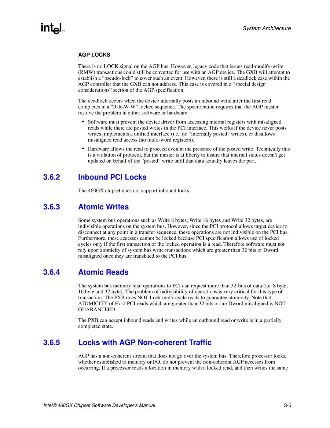 Intel 460GX manual Inbound PCI Locks, Atomic Writes, Atomic Reads, Locks with AGP Non-coherent Traffic 