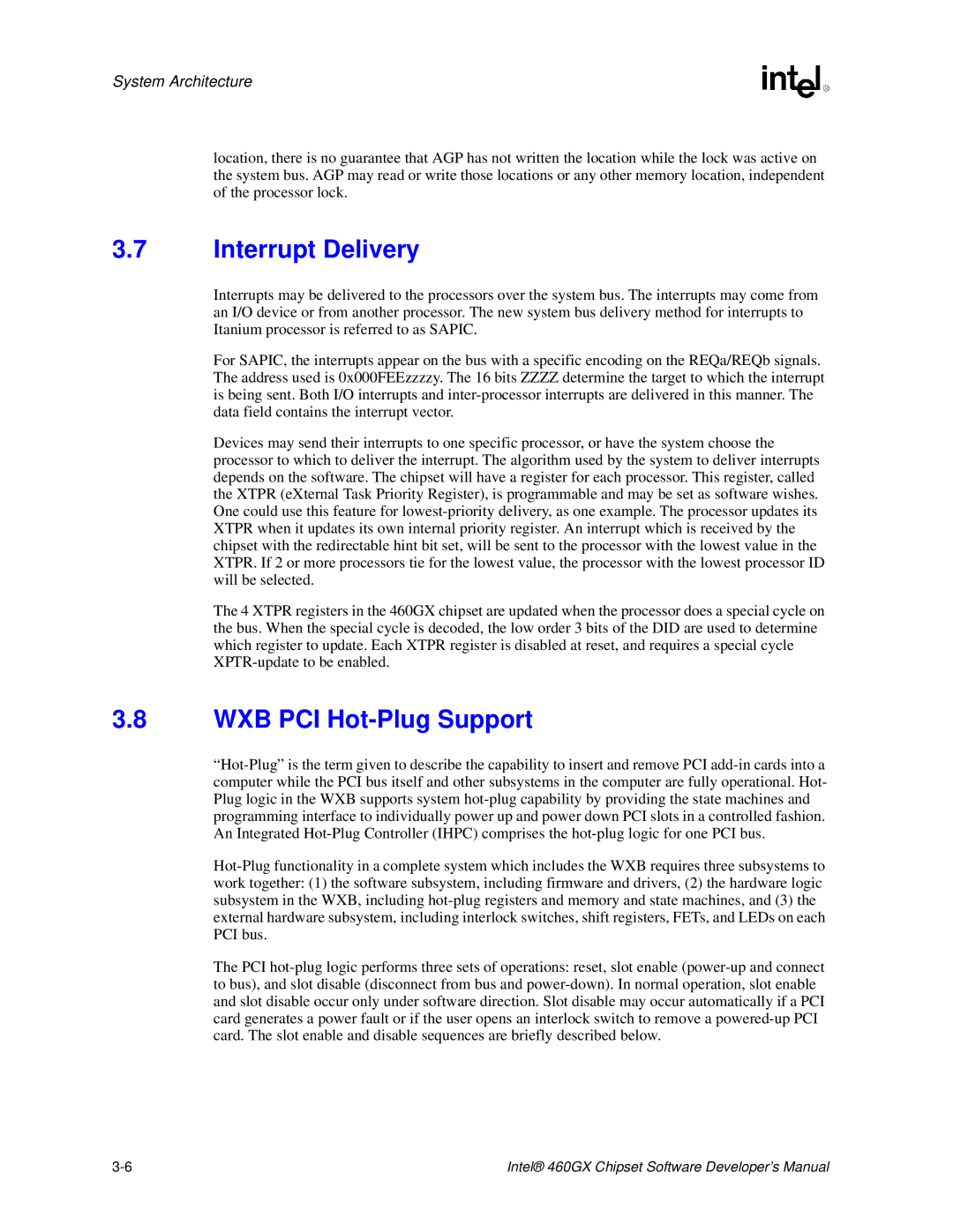 Intel 460GX manual Interrupt Delivery, WXB PCI Hot-Plug Support 