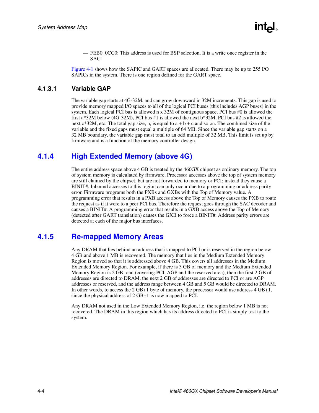 Intel 460GX manual High Extended Memory above 4G, Re-mapped Memory Areas, Variable GAP 