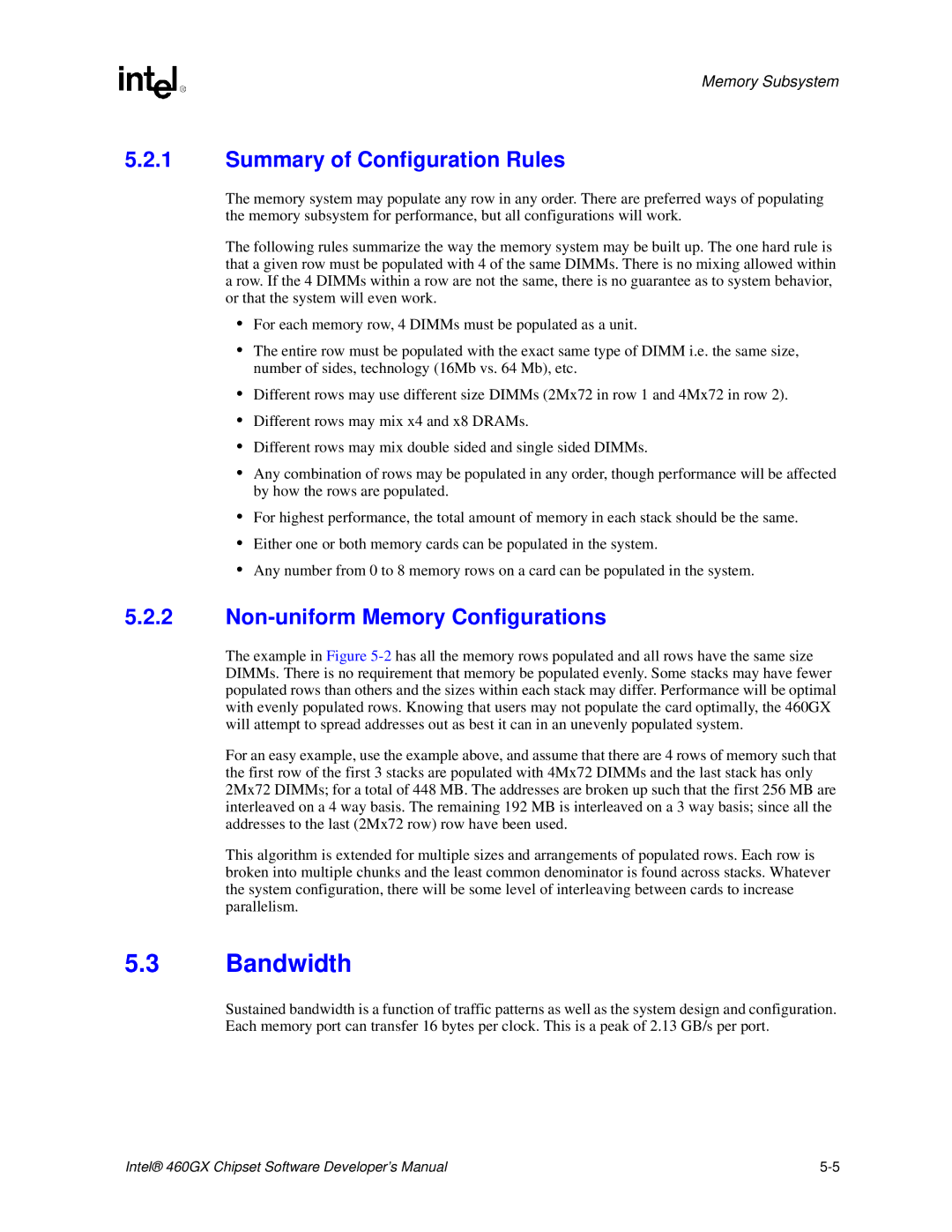 Intel 460GX manual Bandwidth, Summary of Configuration Rules, Non-uniform Memory Configurations 