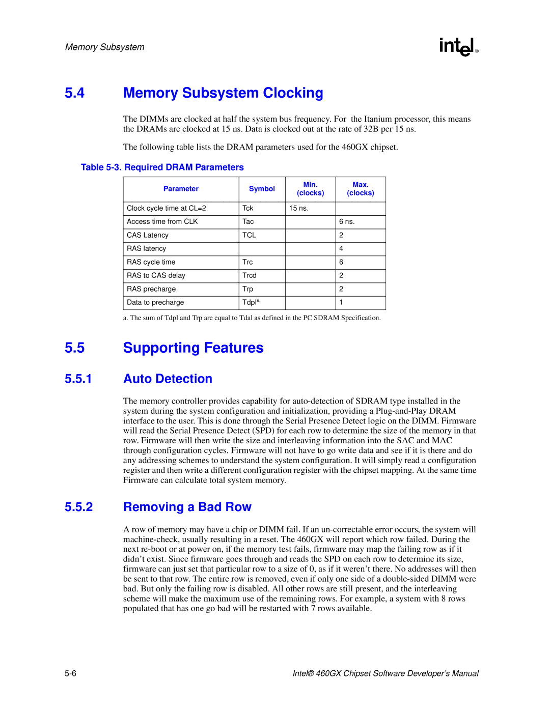 Intel 460GX Memory Subsystem Clocking, Supporting Features, Auto Detection, Removing a Bad Row, Required Dram Parameters 