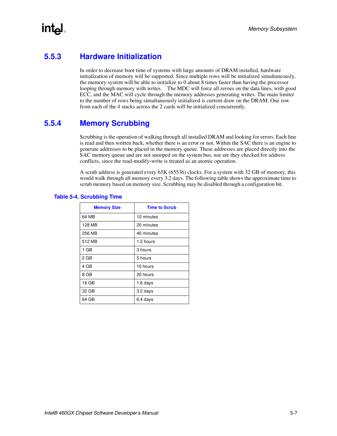 Intel 460GX manual Hardware Initialization, Memory Scrubbing, Scrubbing Time, Memory Size Time to Scrub 