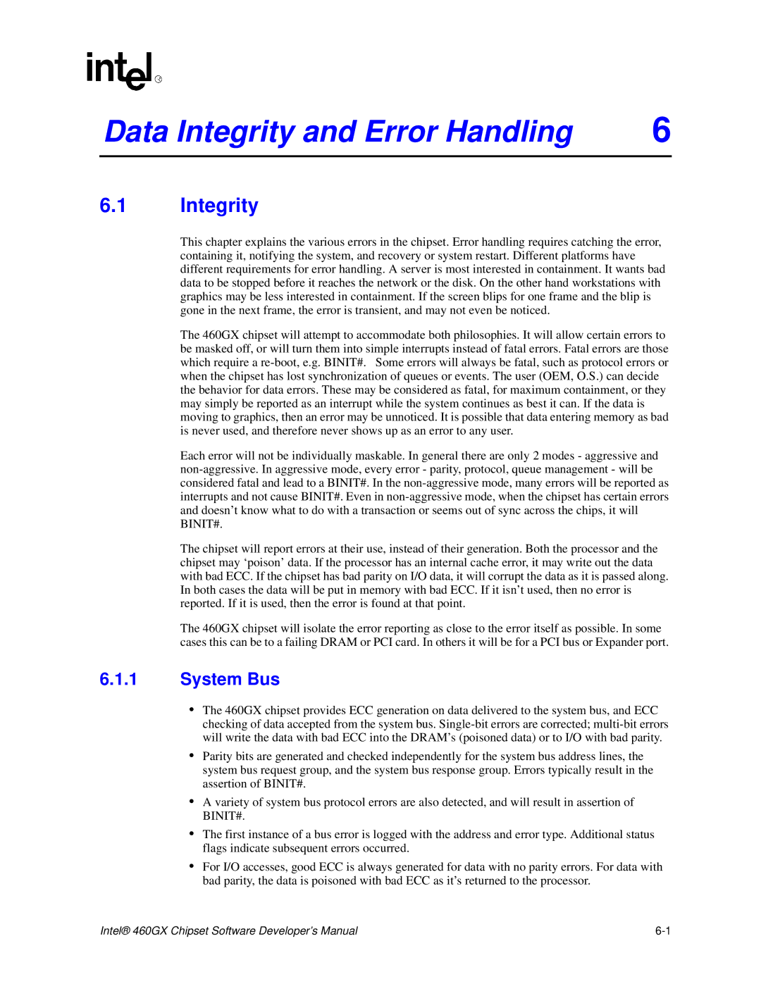 Intel 460GX manual Data Integrity and Error Handling, System Bus 