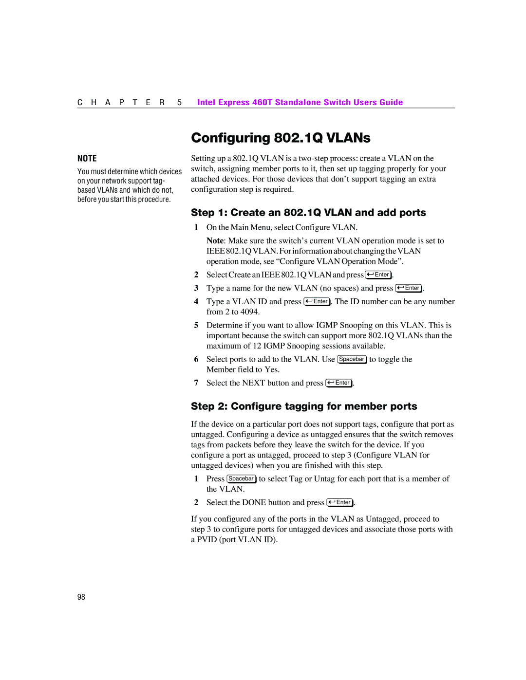 Intel 460T manual Configuring 802.1Q VLANs, Create an 802.1Q Vlan and add ports, Configure tagging for member ports 