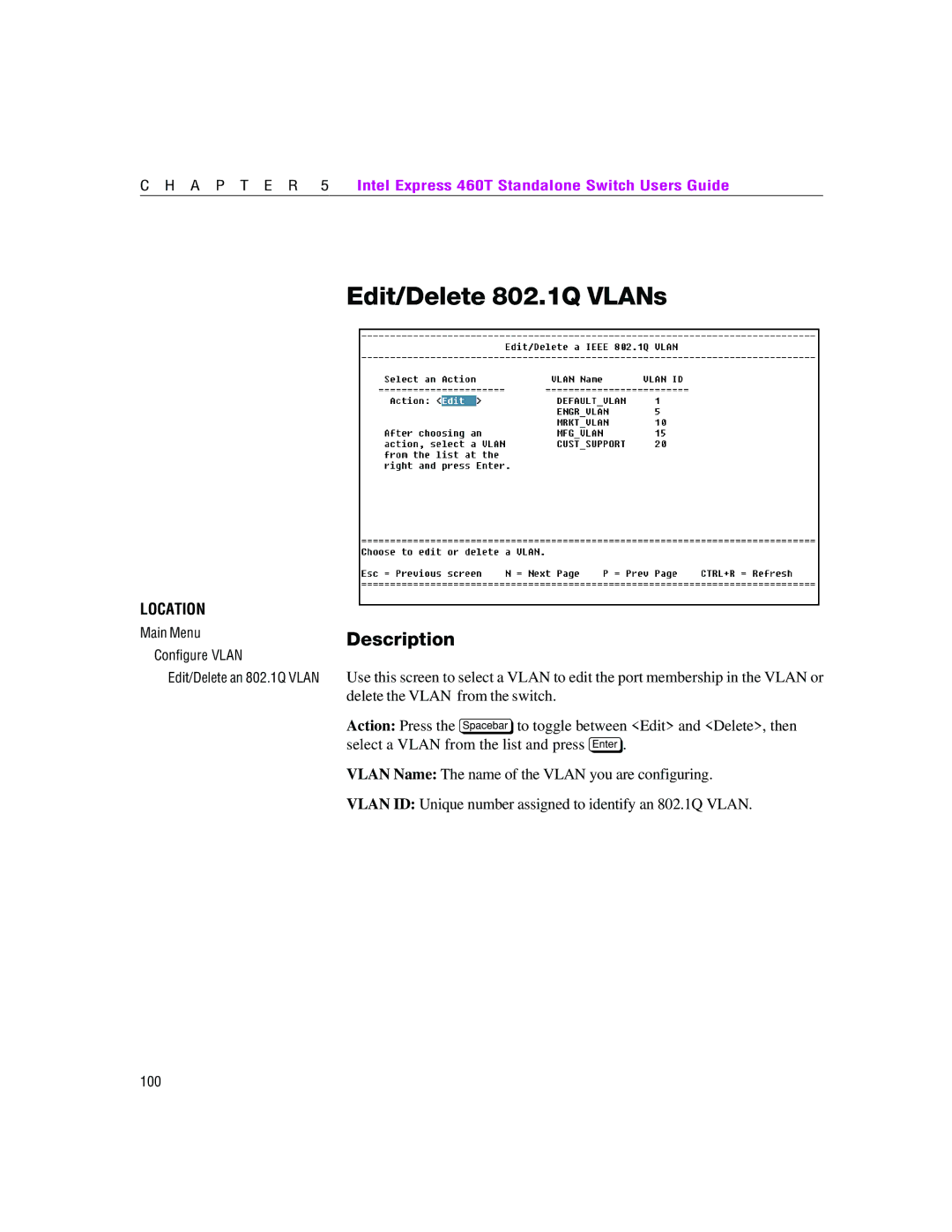 Intel 460T manual Edit/Delete 802.1Q VLANs, Description 