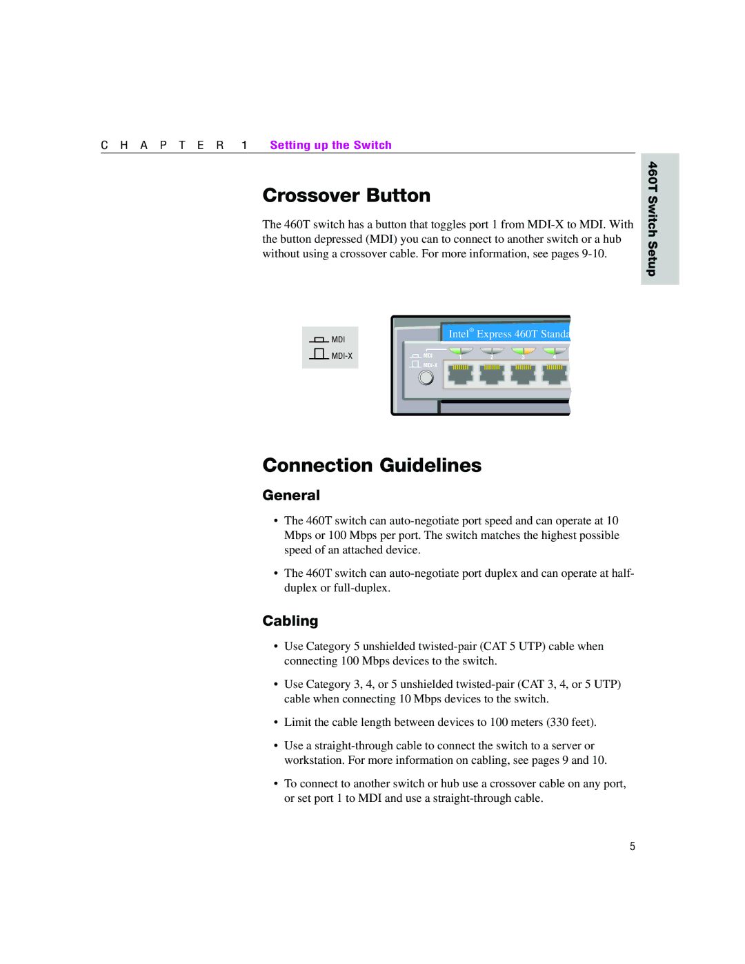 Intel 460T manual Crossover Button, Connection Guidelines, General, Cabling 