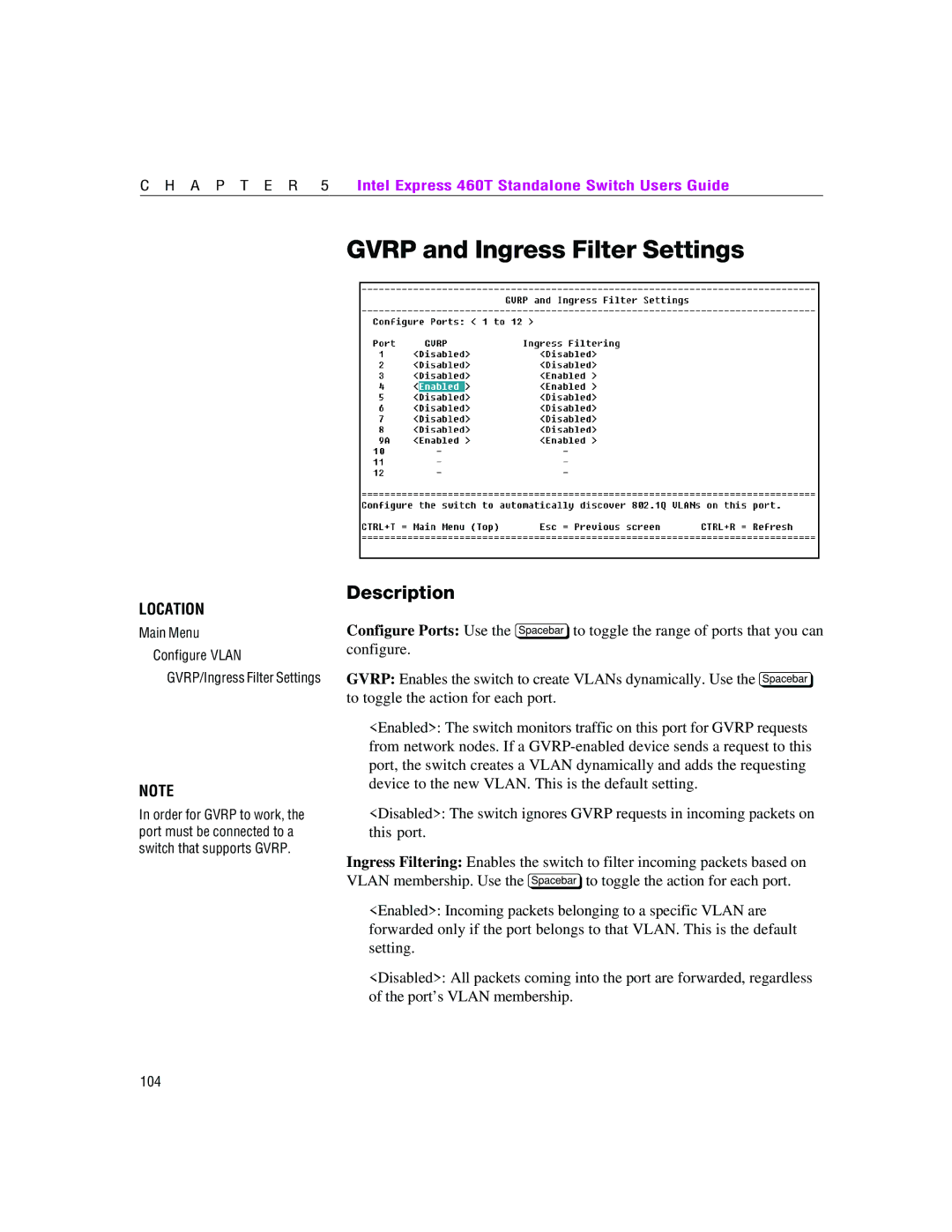 Intel 460T manual Gvrp and Ingress Filter Settings 