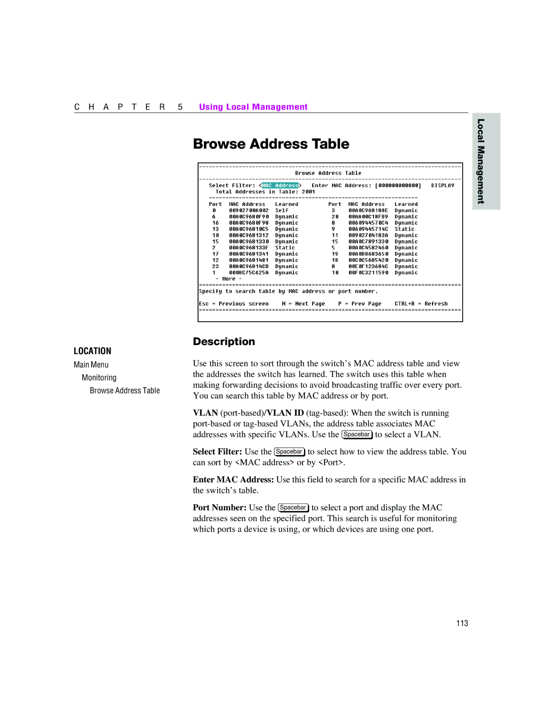 Intel 460T manual Browse Address Table 