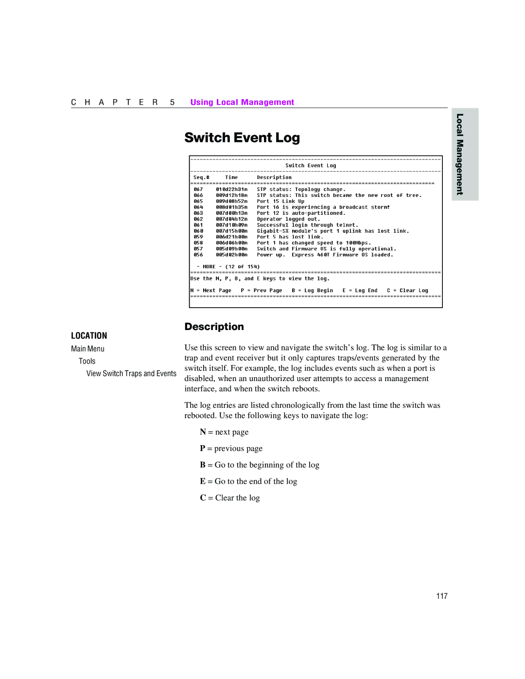 Intel 460T manual Switch Event Log 