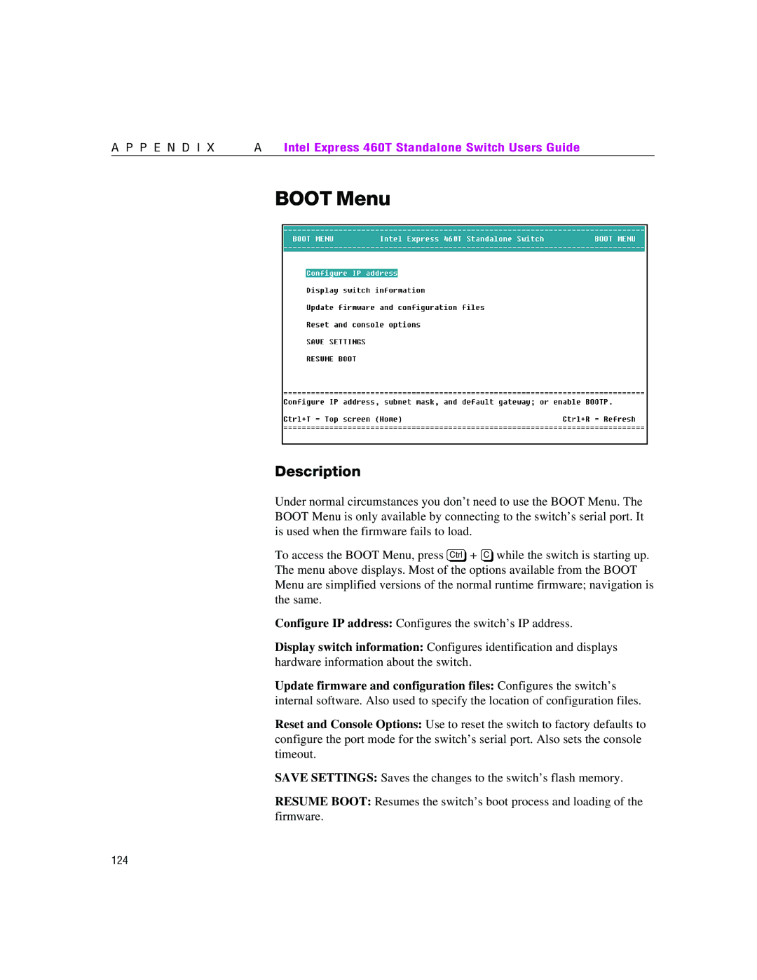 Intel 460T manual Boot Menu, Description 