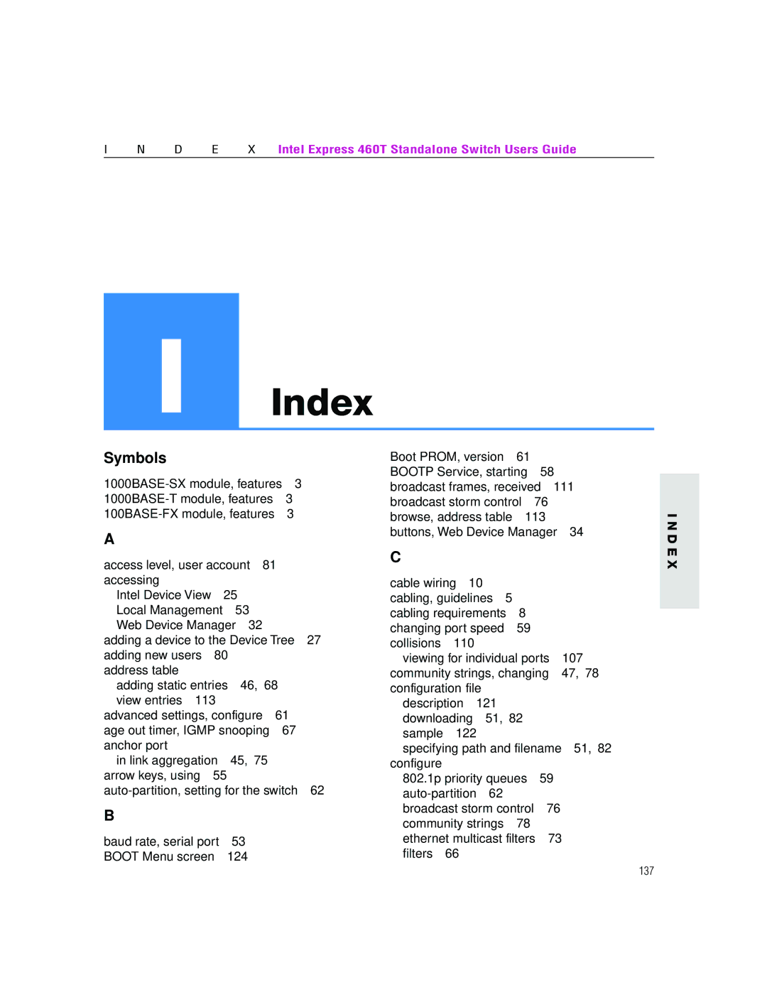 Intel 460T manual Index 