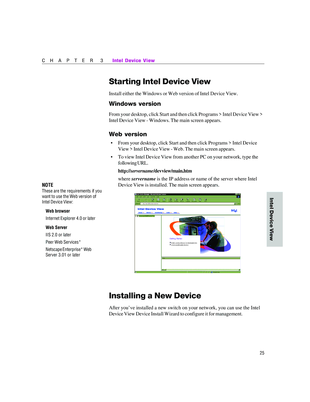 Intel 460T manual Starting Intel Device View, Installing a New Device, Windows version, Web version 