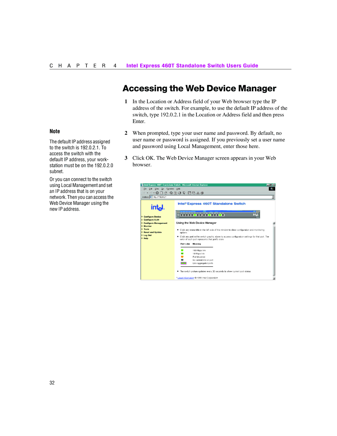 Intel 460T manual Accessing the Web Device Manager 