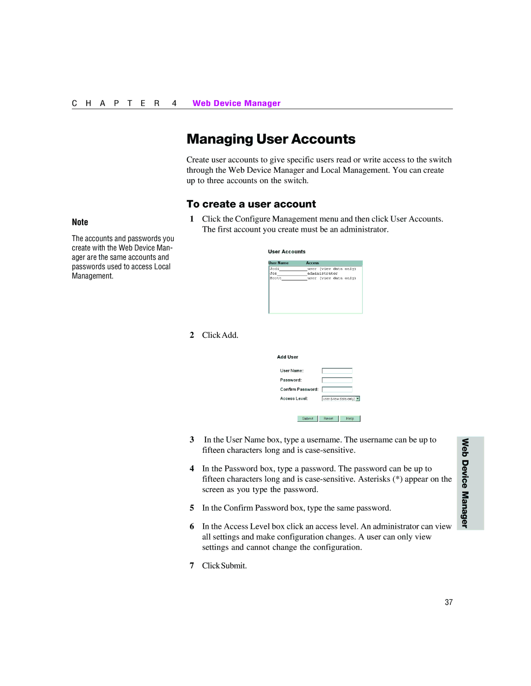 Intel 460T manual Managing User Accounts, To create a user account 