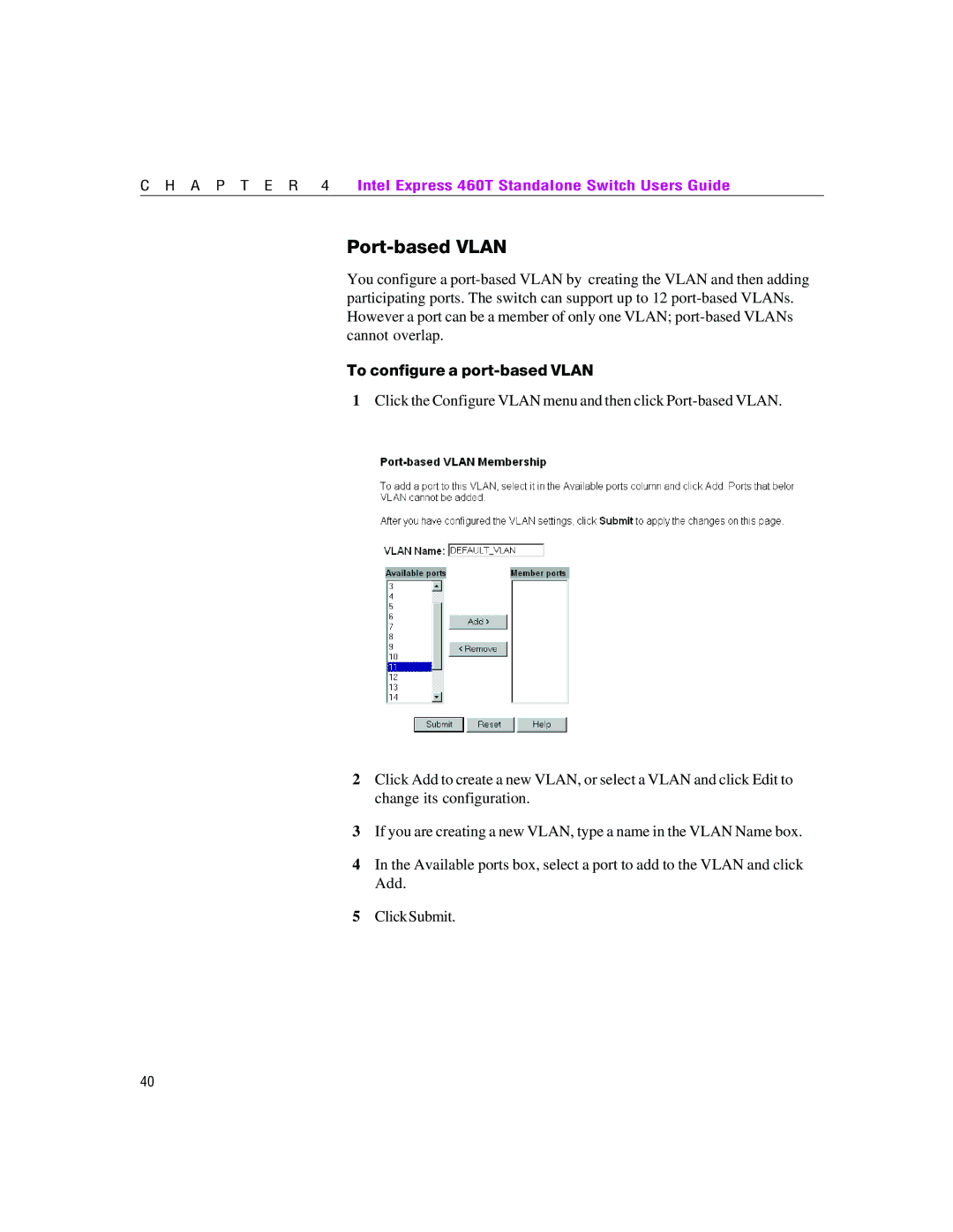 Intel 460T manual Port-based Vlan, To configure a port-based Vlan 