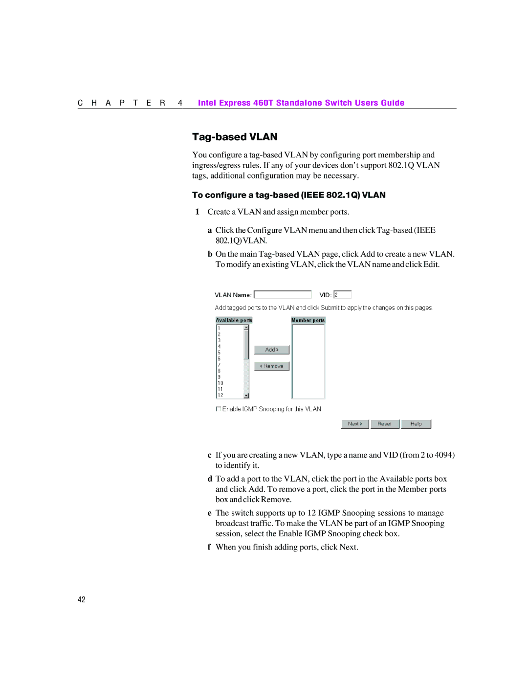 Intel 460T manual Tag-based Vlan, To configure a tag-based Ieee 802.1Q Vlan 