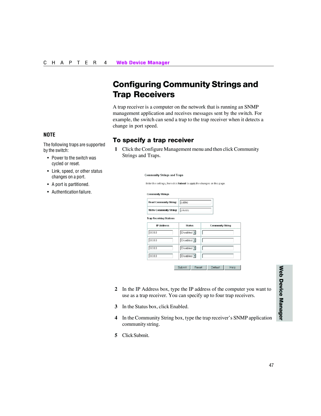 Intel 460T manual Configuring Community Strings and Trap Receivers, To specify a trap receiver 