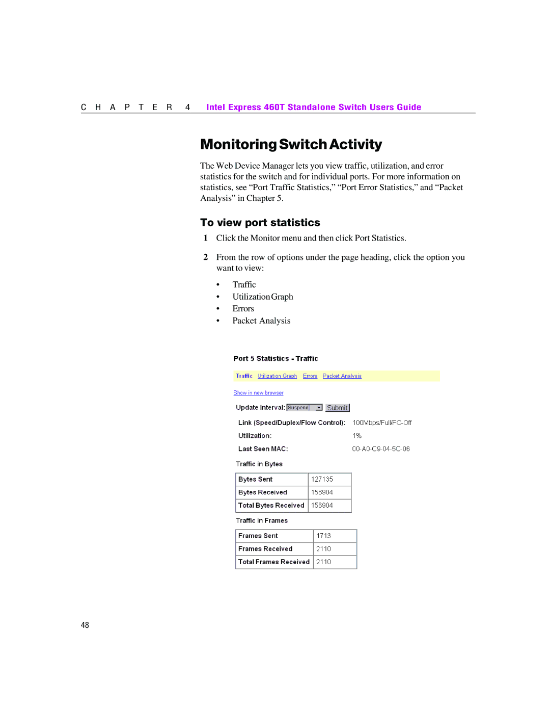 Intel 460T manual Monitoring Switch Activity, To view port statistics 