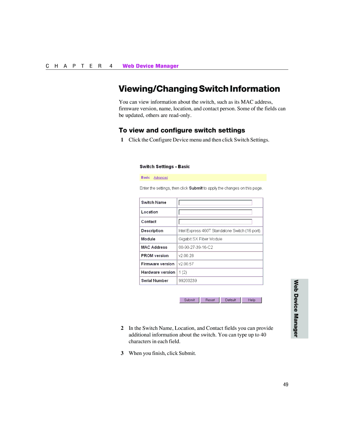 Intel 460T manual Viewing/Changing Switch Information, To view and configure switch settings 