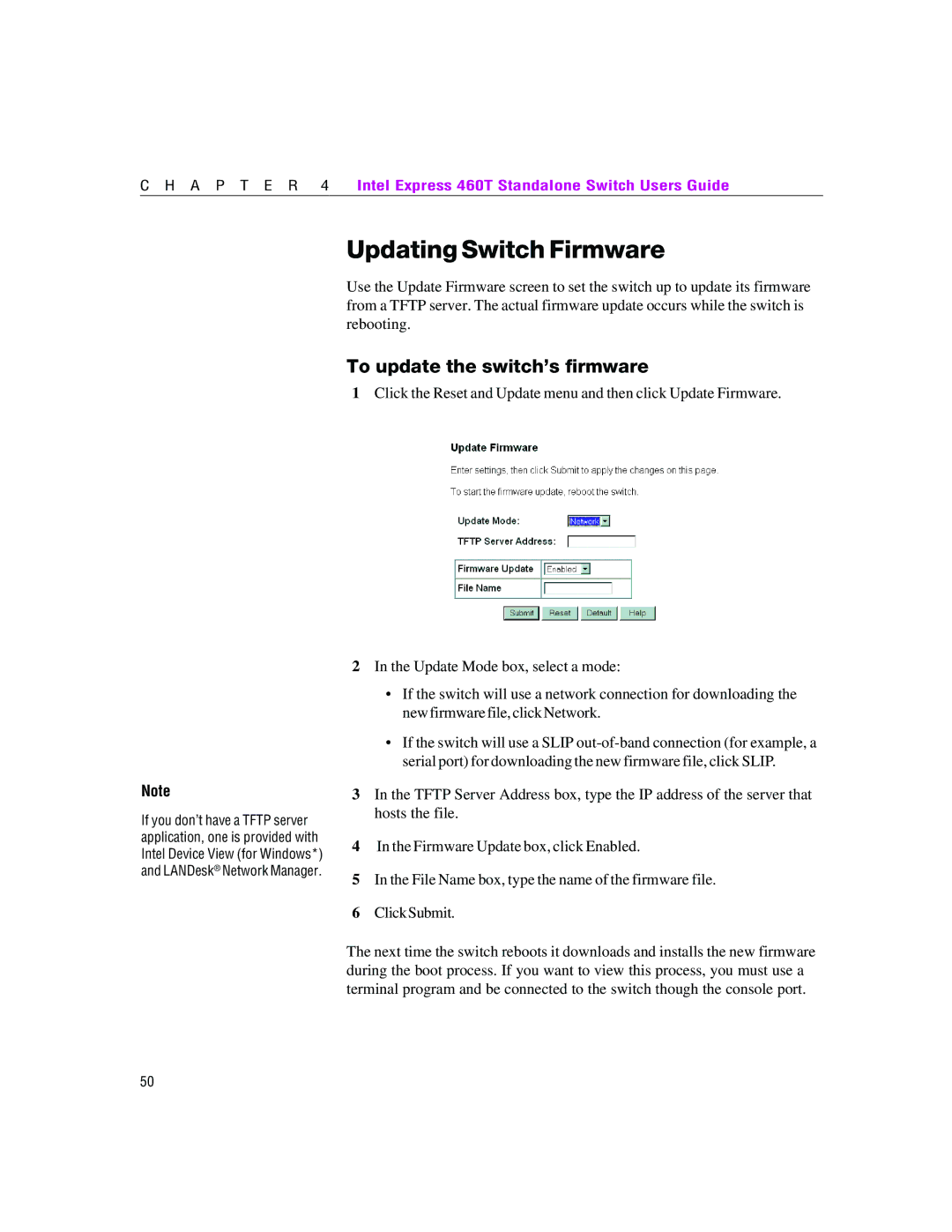 Intel 460T manual Updating Switch Firmware, To update the switch’s firmware 