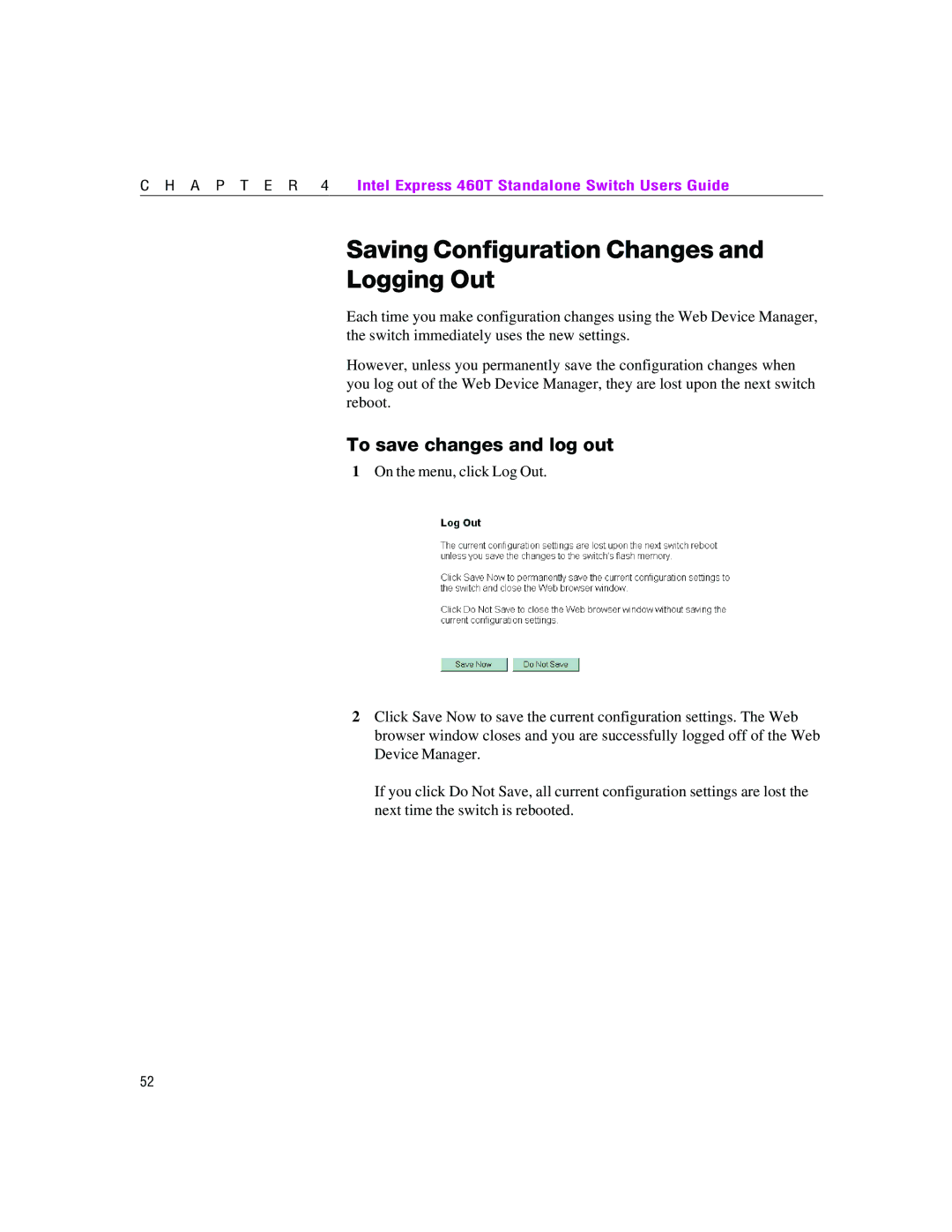 Intel 460T manual Saving Configuration Changes and Logging Out, To save changes and log out 