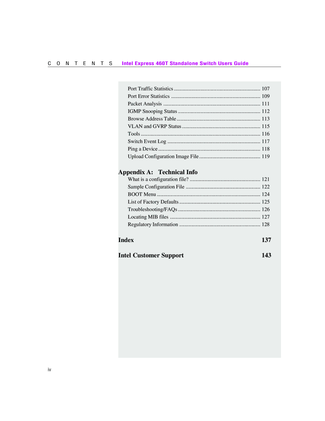 Intel 460T manual Index 137 Intel Customer Support 143 