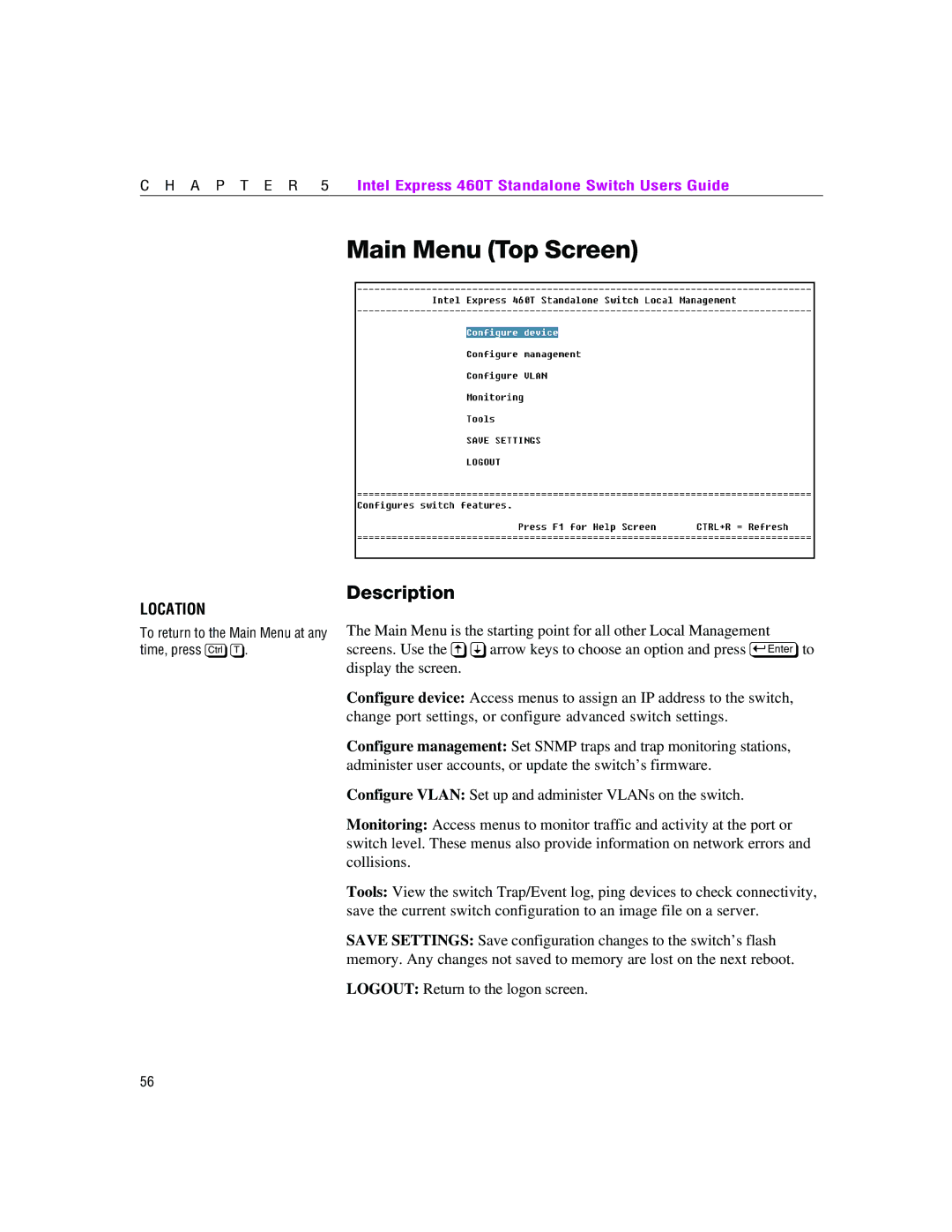 Intel 460T manual Main Menu Top Screen 