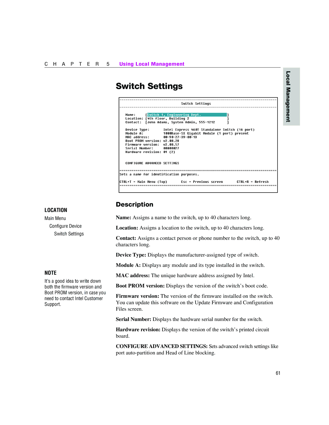 Intel 460T manual Main Menu Configure Device Switch Settings 