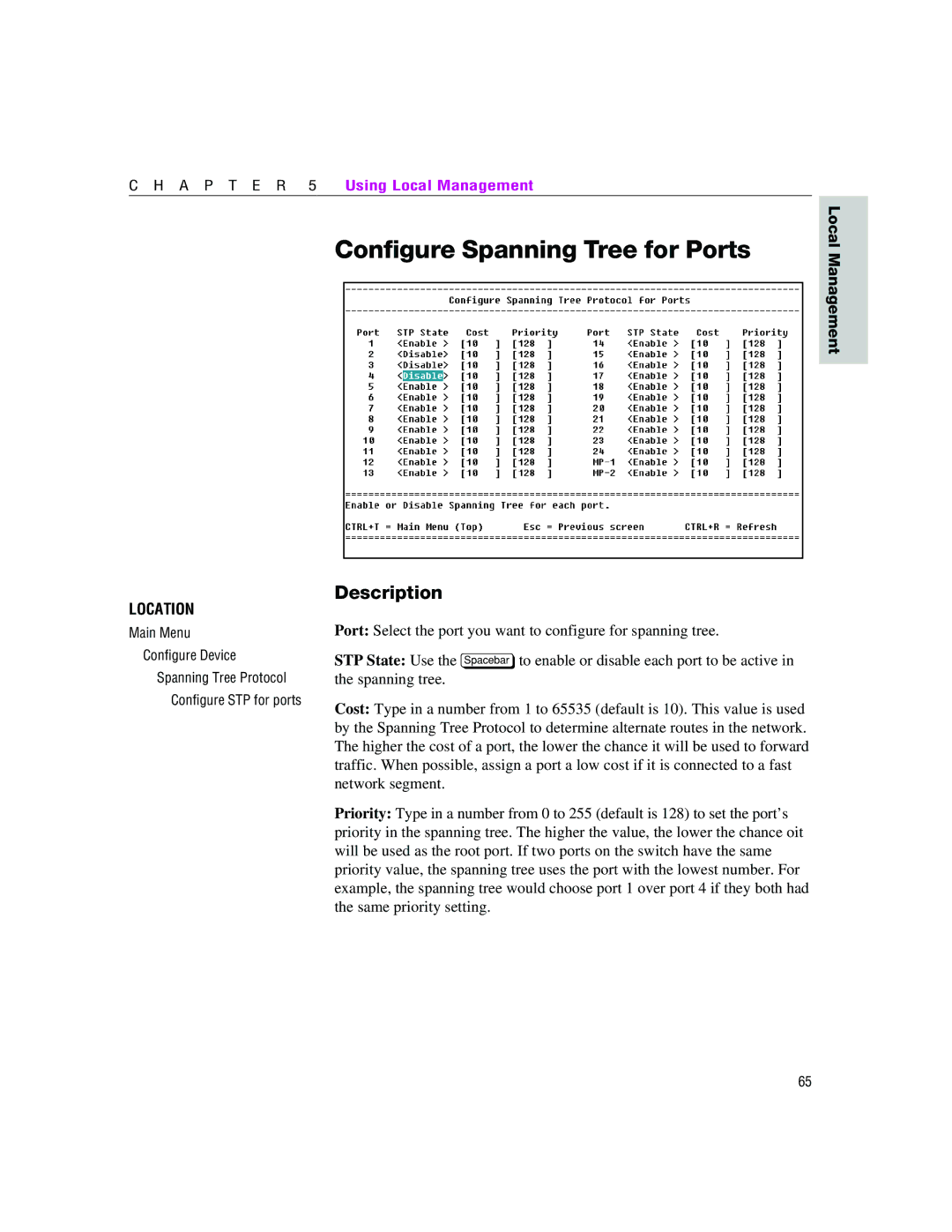 Intel 460T manual Configure Spanning Tree for Ports 