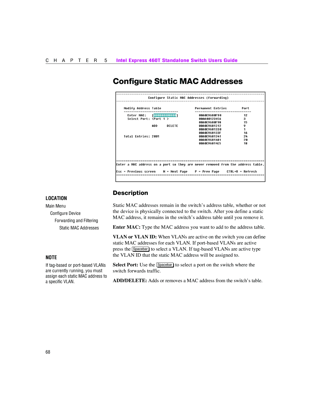 Intel 460T manual Configure Static MAC Addresses 