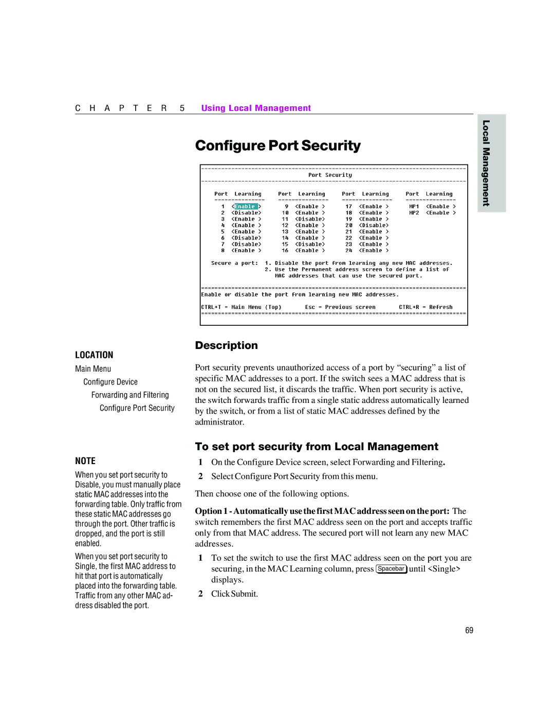 Intel 460T manual Configure Port Security, To set port security from Local Management 