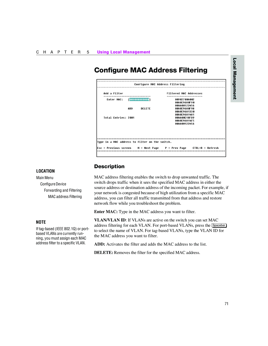 Intel 460T manual Configure MAC Address Filtering 