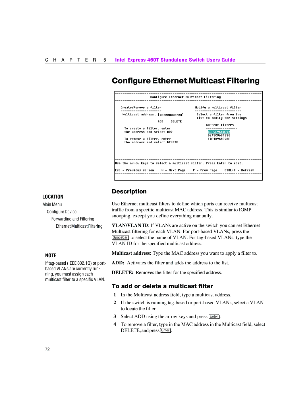 Intel 460T manual Configure Ethernet Multicast Filtering, To add or delete a multicast filter 