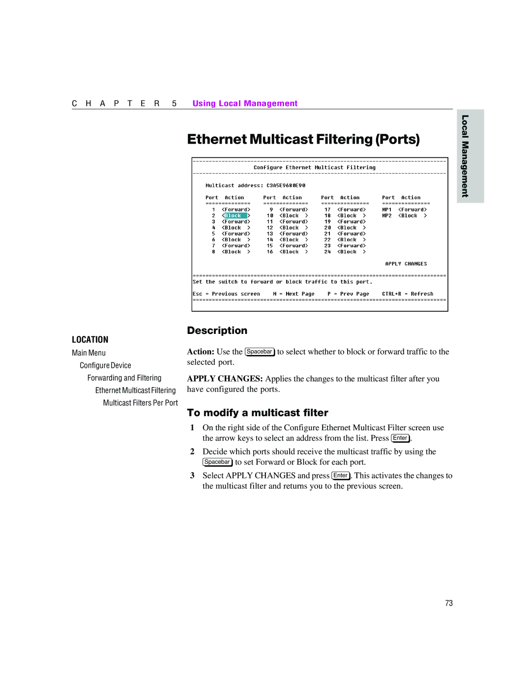 Intel 460T manual Ethernet Multicast Filtering Ports, To modify a multicast filter 