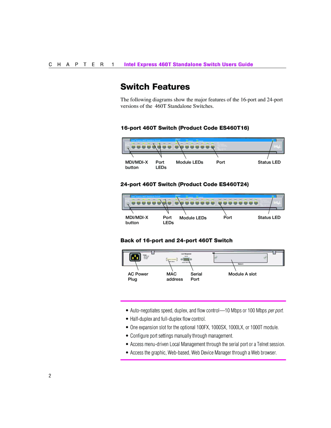 Intel manual Switch Features, Port 460T Switch Product Code ES460T16 