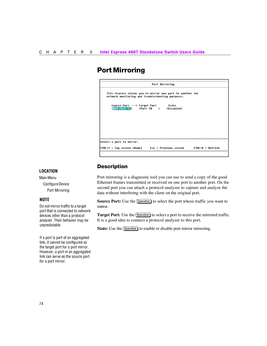 Intel 460T manual Main Menu Configure Device Port Mirroring 